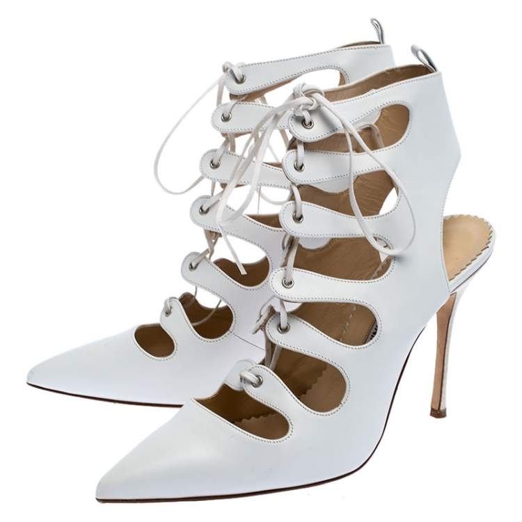 Pre Owned Manolo Blahnik White Leather Latta Cut Out Lace Up Pointed Toe Sandals Size 39
