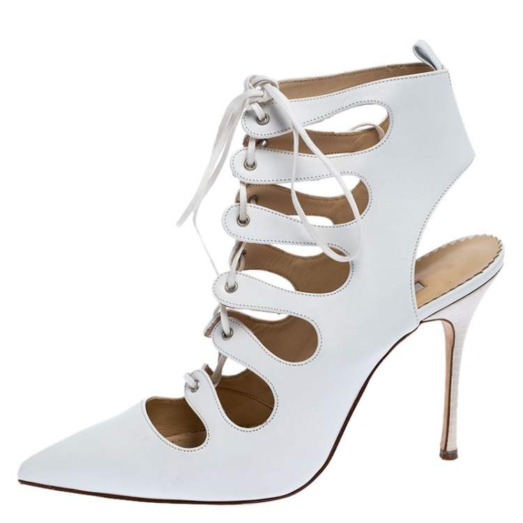 Pre Owned Manolo Blahnik White Leather Latta Cut Out Lace Up Pointed Toe Sandals Size 39