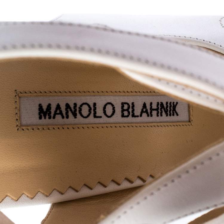 Pre Owned Manolo Blahnik White Leather Latta Cut Out Lace Up Pointed Toe Sandals Size 39