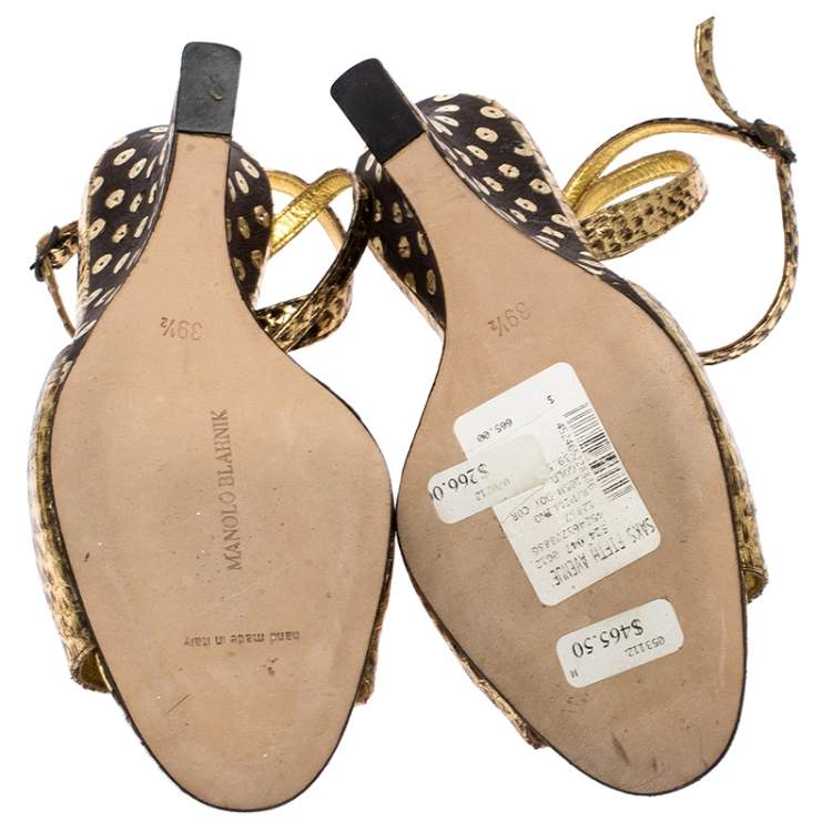 Pre Owned Manolo Blahnik Gold Python Embossed Leather Wedge Ankle Strap Sandals Size 39.5