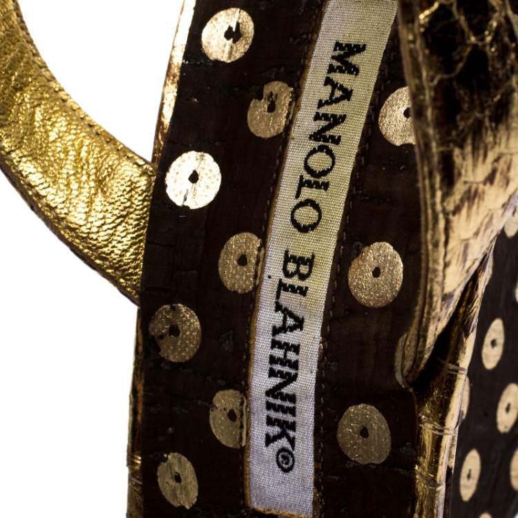 Pre Owned Manolo Blahnik Gold Python Embossed Leather Wedge Ankle Strap Sandals Size 39.5