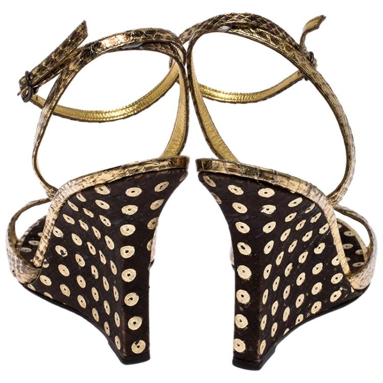 Pre Owned Manolo Blahnik Gold Python Embossed Leather Wedge Ankle Strap Sandals Size 39.5
