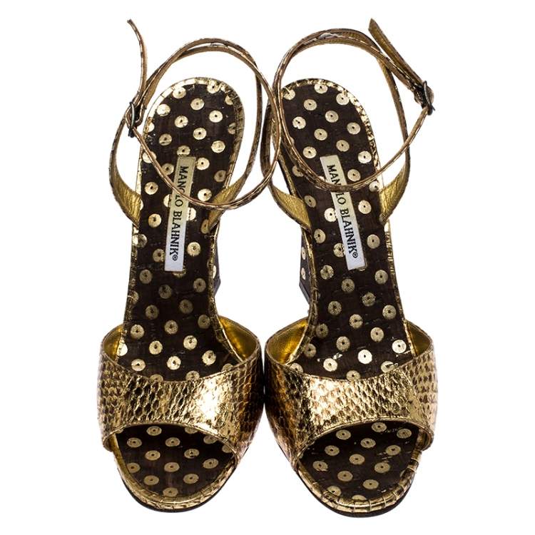 Pre Owned Manolo Blahnik Gold Python Embossed Leather Wedge Ankle Strap Sandals Size 39.5