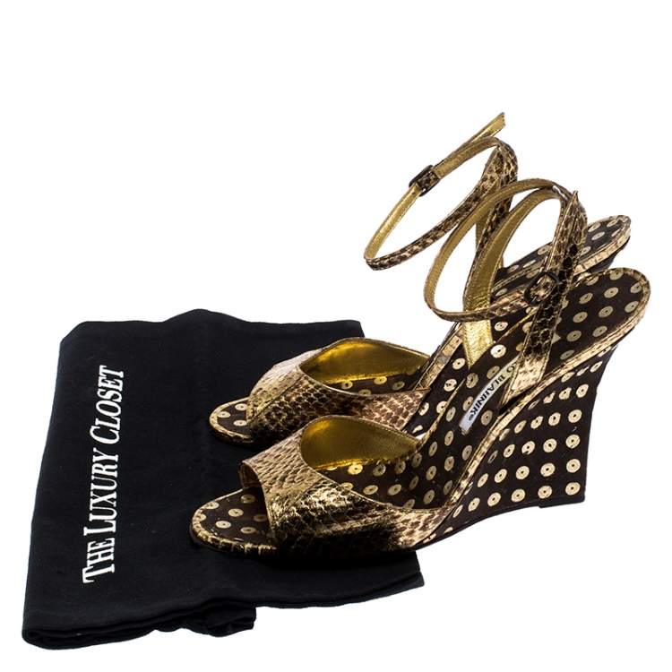 Pre Owned Manolo Blahnik Gold Python Embossed Leather Wedge Ankle Strap Sandals Size 39.5