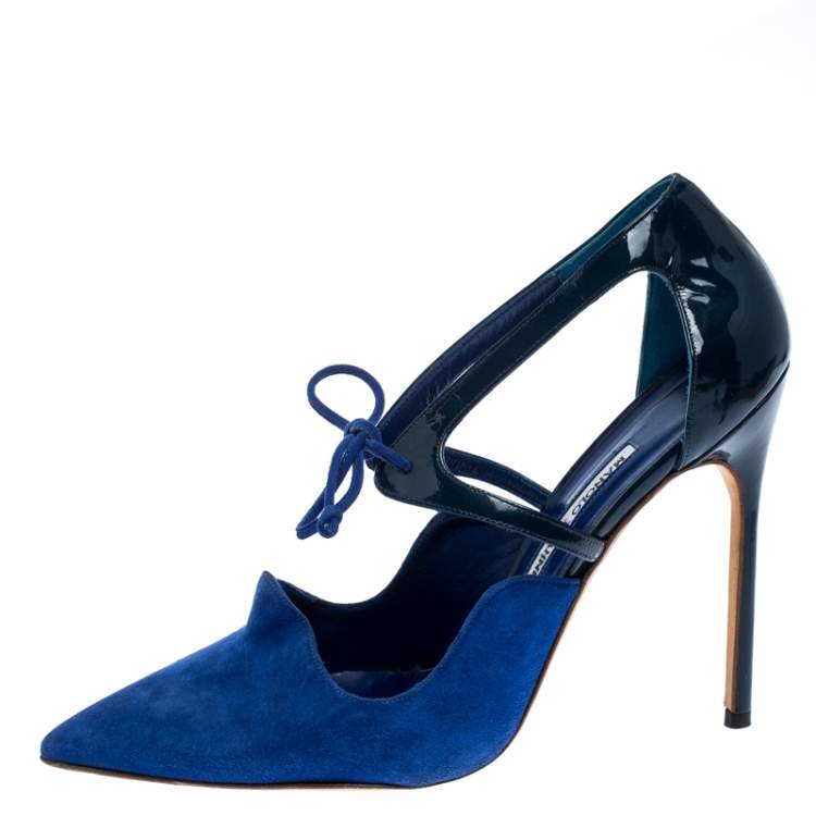 Pre Owned Manolo Blahnik Blue Suede And Patent Leather Lace Up Pointed Toe Pumps Size 39