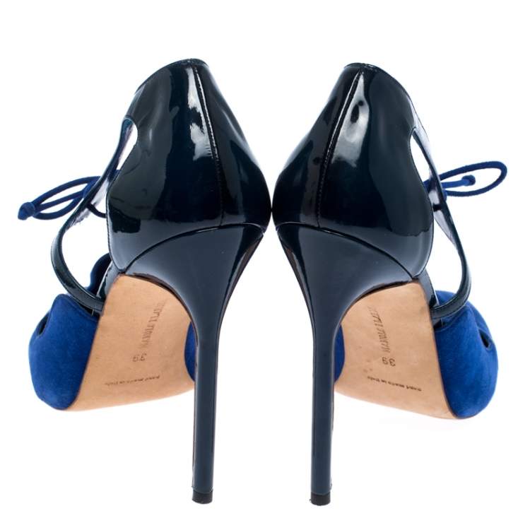 Pre Owned Manolo Blahnik Blue Suede And Patent Leather Lace Up Pointed Toe Pumps Size 39