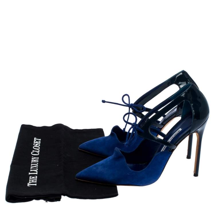 Pre Owned Manolo Blahnik Blue Suede And Patent Leather Lace Up Pointed Toe Pumps Size 39