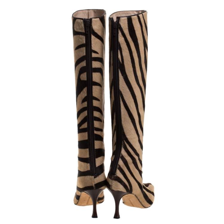 Pre Owned Manolo Blahnik Brown/Beige Calf Hair Leopard Print Knee Length Pointed Toe Boots Size 36