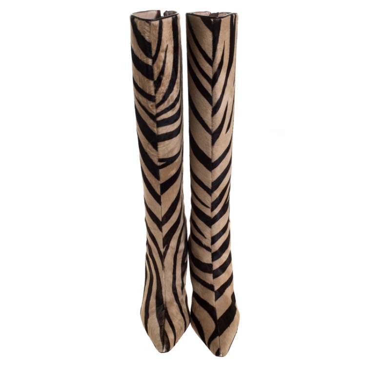 Pre Owned Manolo Blahnik Brown/Beige Calf Hair Leopard Print Knee Length Pointed Toe Boots Size 36