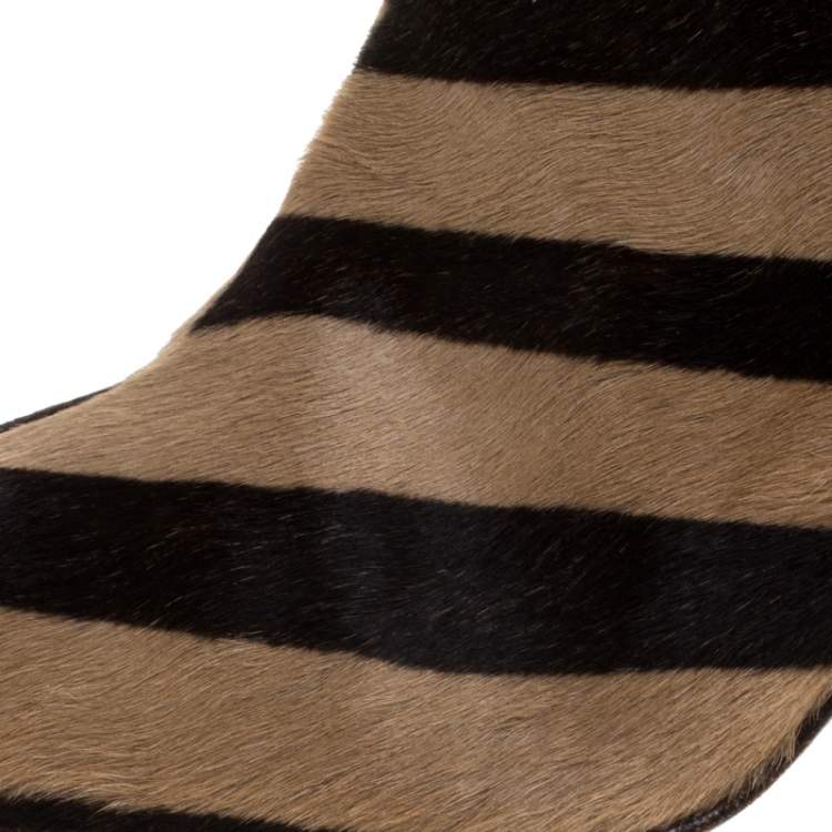 Pre Owned Manolo Blahnik Brown/Beige Calf Hair Leopard Print Knee Length Pointed Toe Boots Size 36
