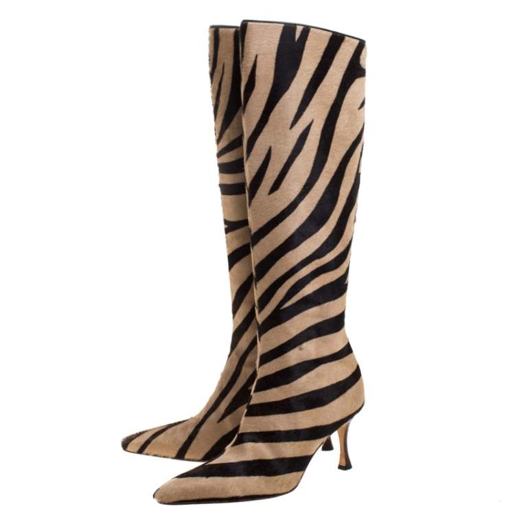 Pre Owned Manolo Blahnik Brown/Beige Calf Hair Leopard Print Knee Length Pointed Toe Boots Size 36