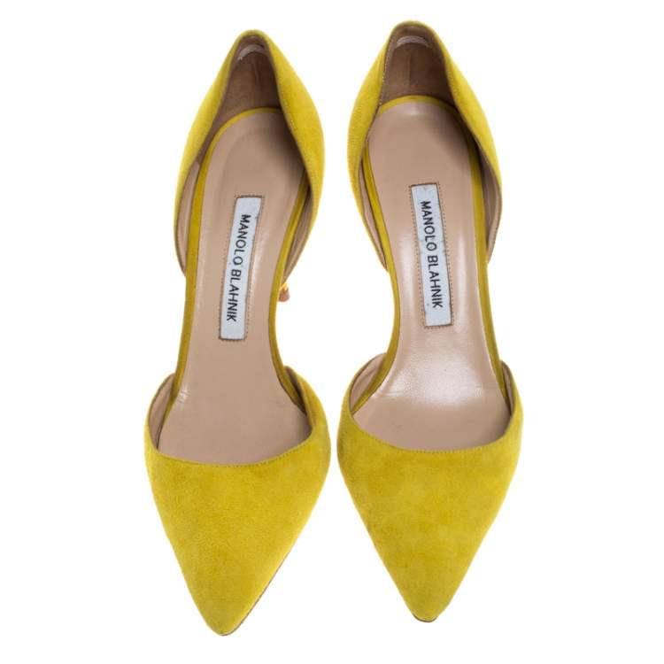 Pre Owned Manolo Blahnik Yellow Suede Tayler D'orsay Pointed Toe Pumps Size 37