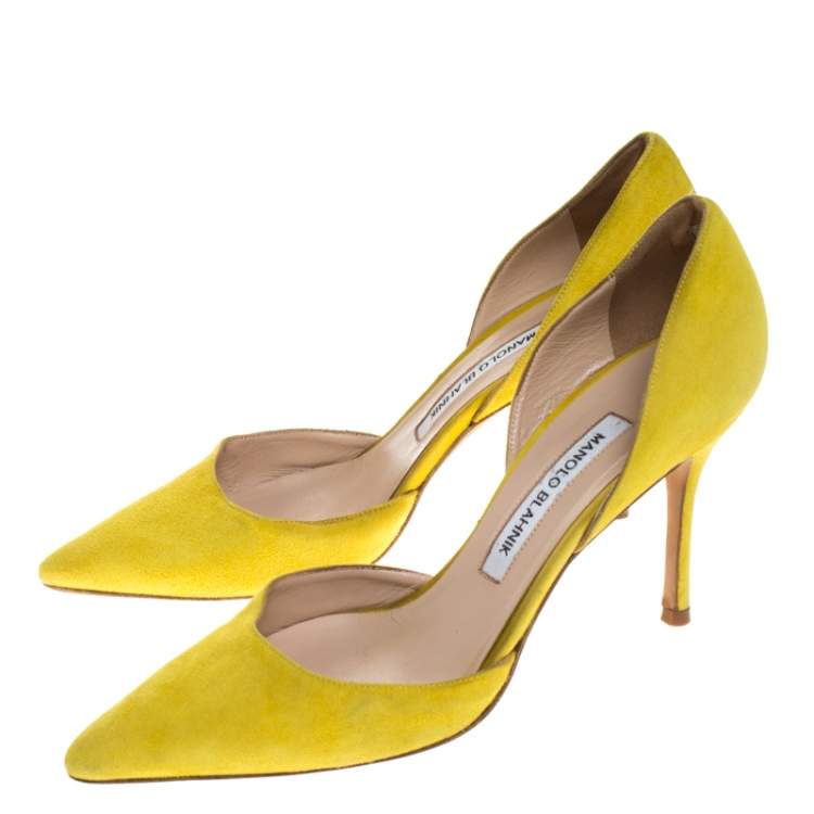 Pre Owned Manolo Blahnik Yellow Suede Tayler D'orsay Pointed Toe Pumps Size 37
