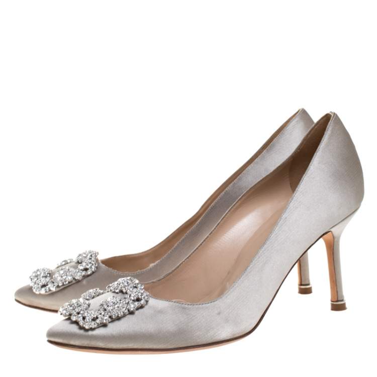 Pre Owned Manolo Blahnik Grey Satin Hangisi Crystal Embellished Pumps Size 38