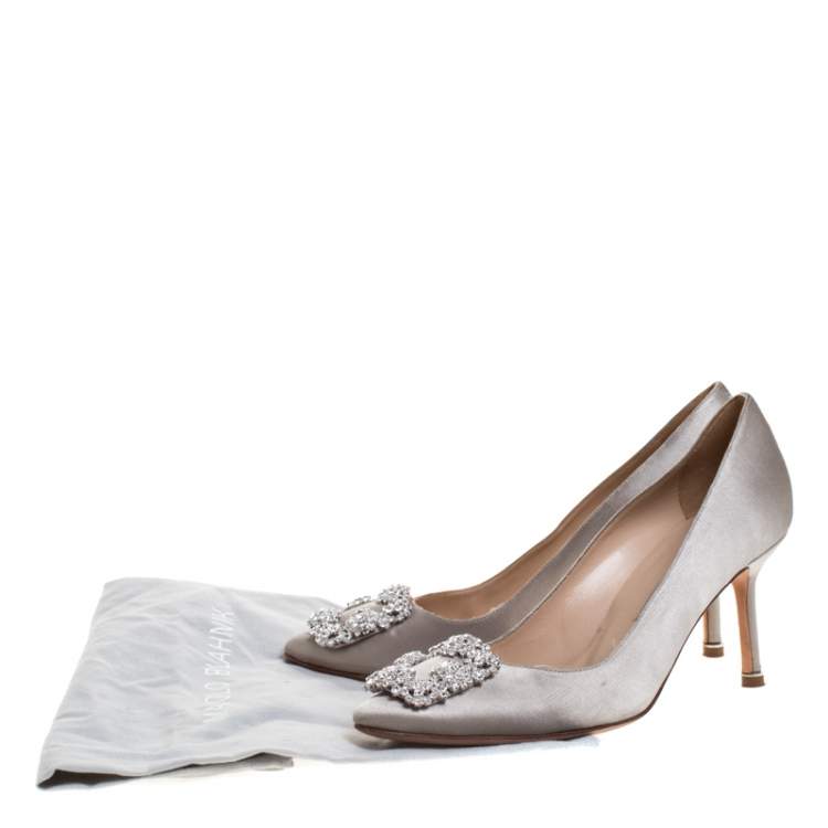 Pre Owned Manolo Blahnik Grey Satin Hangisi Crystal Embellished Pumps Size 38