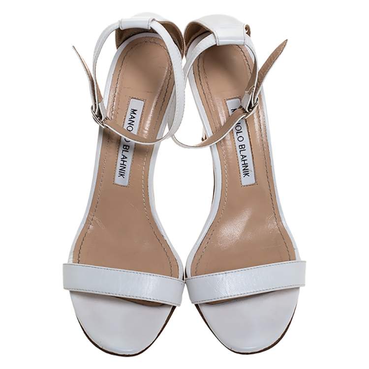 Pre Owned Manolo Blahnik White Leather Chaos Open Toe Ankle Strap Sandals Size 38