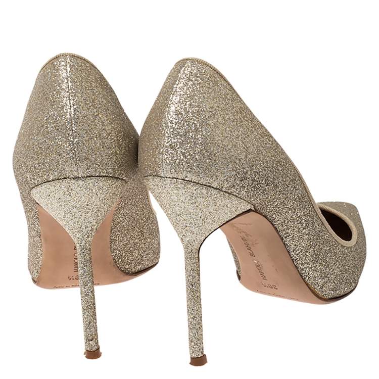 Pre Owned Manolo Blahnik Gold Glitter BB Pointed Toe Pumps Size 39.5