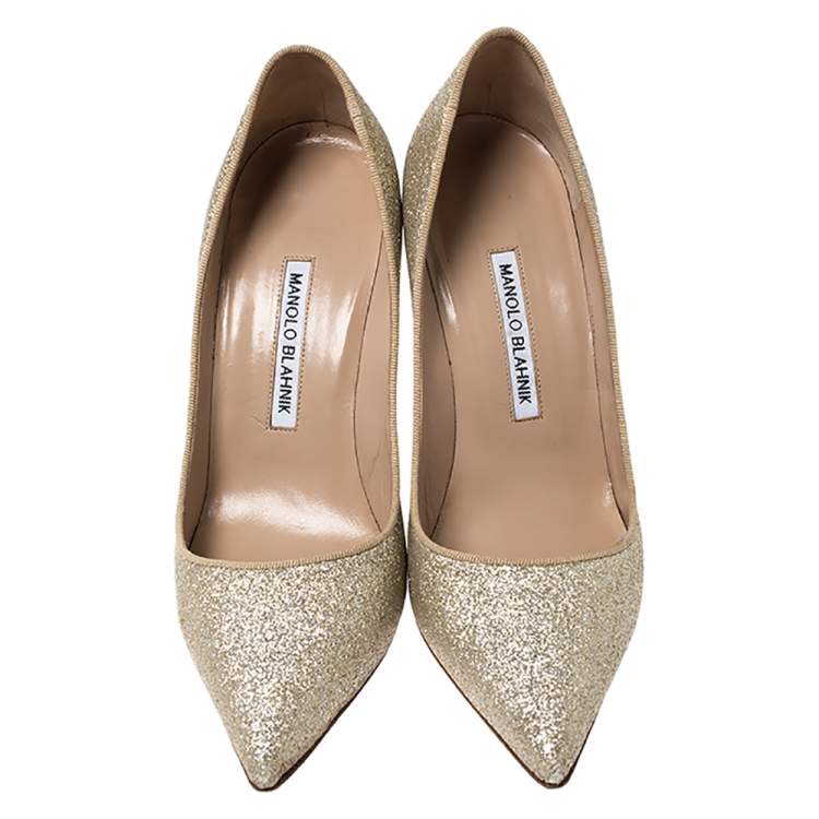 Pre Owned Manolo Blahnik Gold Glitter BB Pointed Toe Pumps Size 39.5