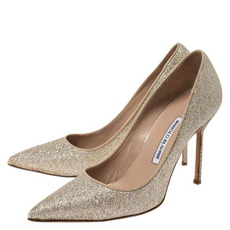 Pre Owned Manolo Blahnik Gold Glitter BB Pointed Toe Pumps Size 39.5