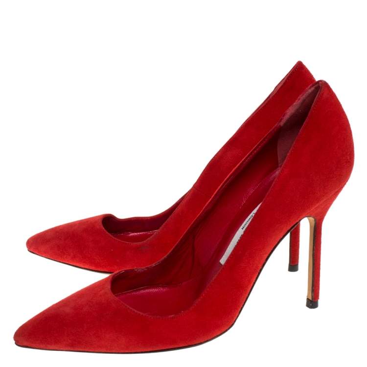 Pre Owned Manolo Blahnik Red Suede BB Pointed Toe Pumps Size 35