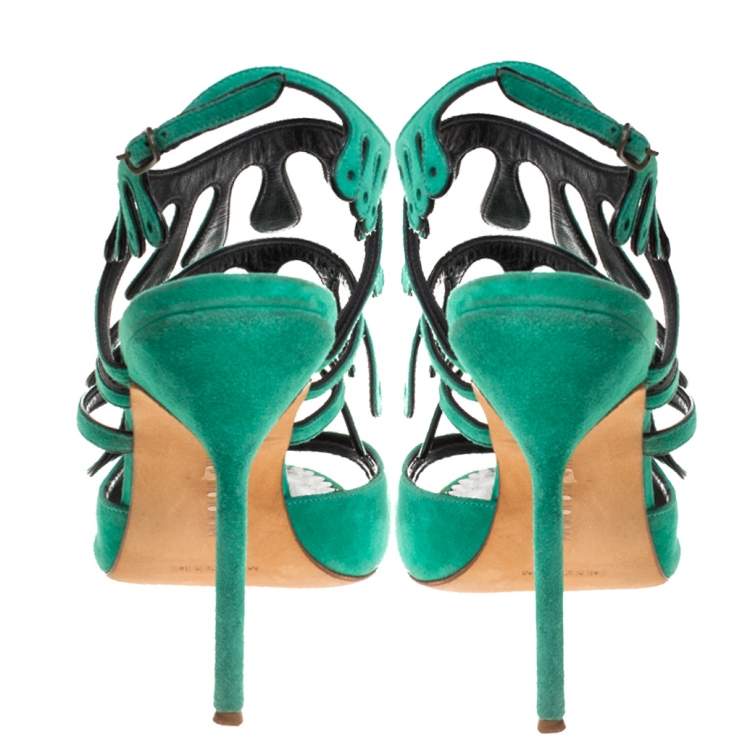 Pre Owned Manolo Blahnik Green Suede Strappy Ankle Strap Sandals Size 41