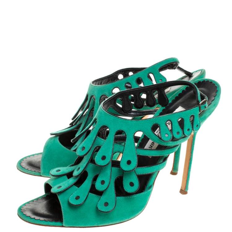 Pre Owned Manolo Blahnik Green Suede Strappy Ankle Strap Sandals Size 41
