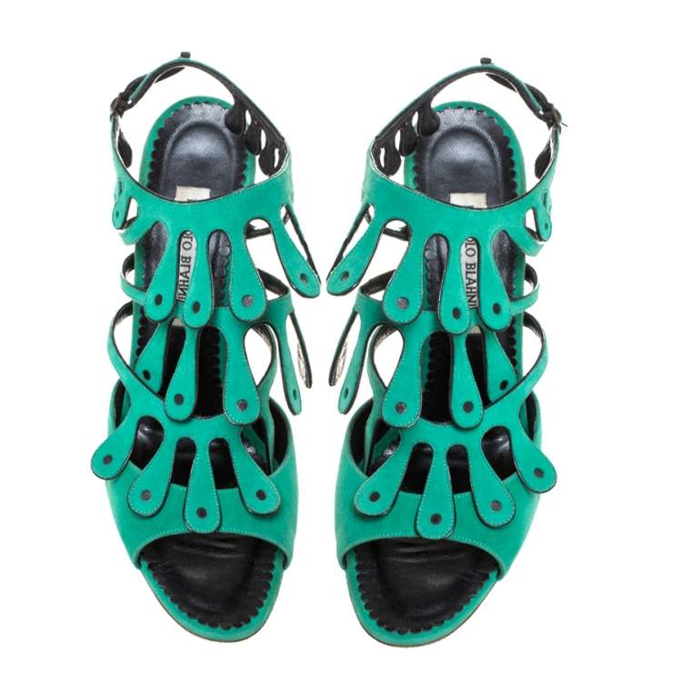 Pre Owned Manolo Blahnik Green Suede Strappy Ankle Strap Sandals Size 41