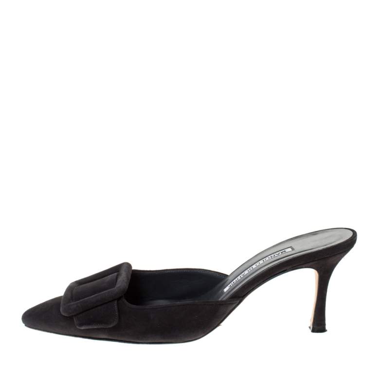 Pre Owned Manolo Blahnik Black Suede Leather Maysale Pointed Toe Mule Sandals Size 37.5