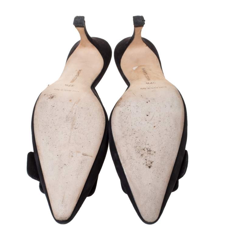 Pre Owned Manolo Blahnik Black Suede Leather Maysale Pointed Toe Mule Sandals Size 37.5