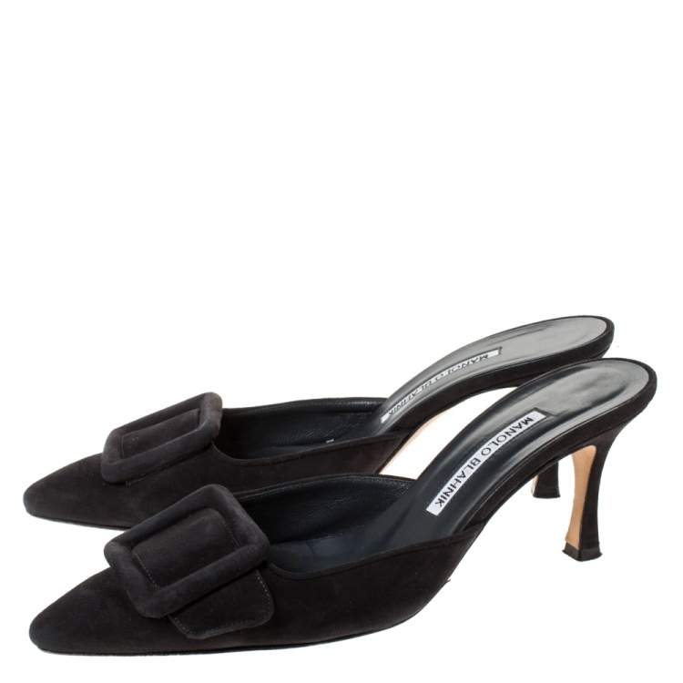 Pre Owned Manolo Blahnik Black Suede Leather Maysale Pointed Toe Mule Sandals Size 37.5