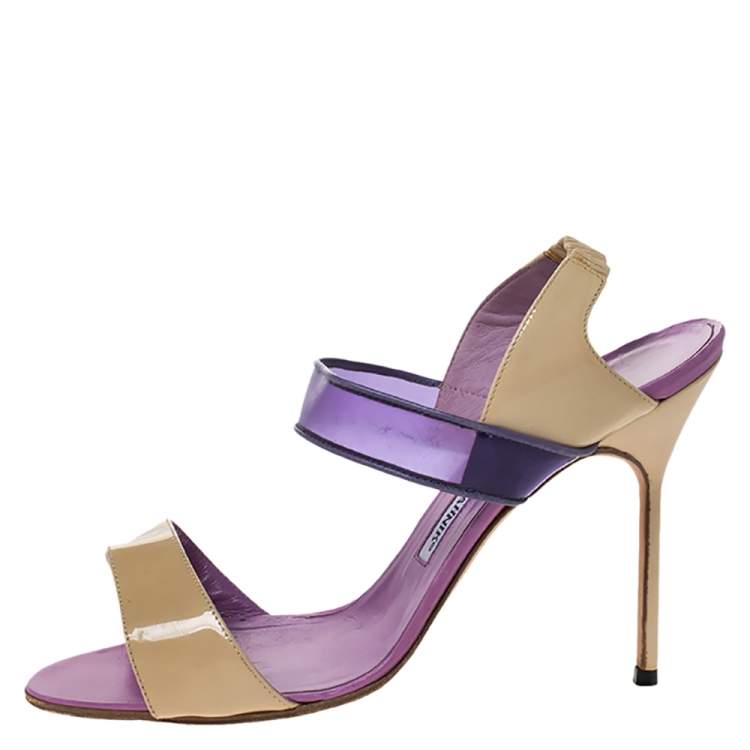 Pre Owned Manolo Blahnik Purple/Beige Patent Leather and PVC Slingback Sandals Size 38.5