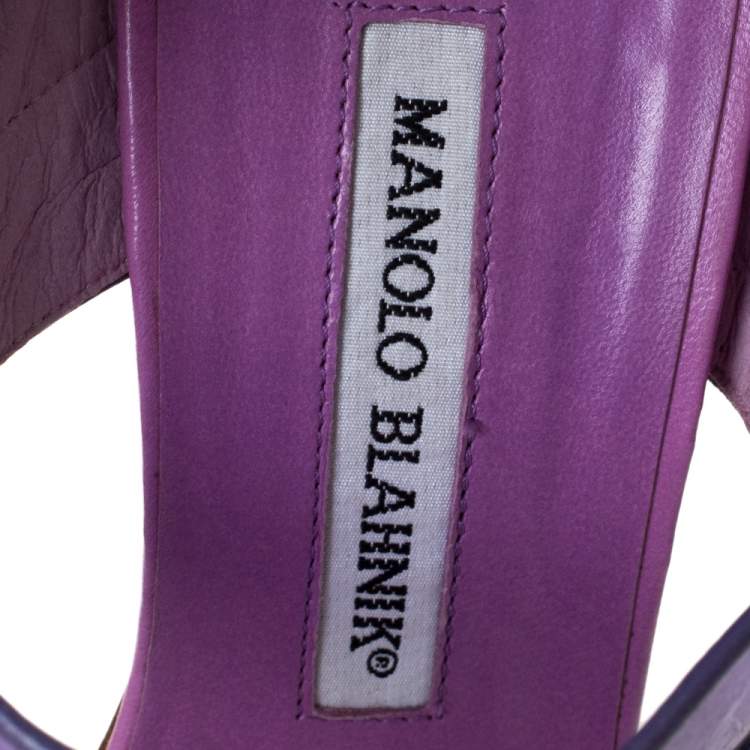 Pre Owned Manolo Blahnik Purple/Beige Patent Leather and PVC Slingback Sandals Size 38.5