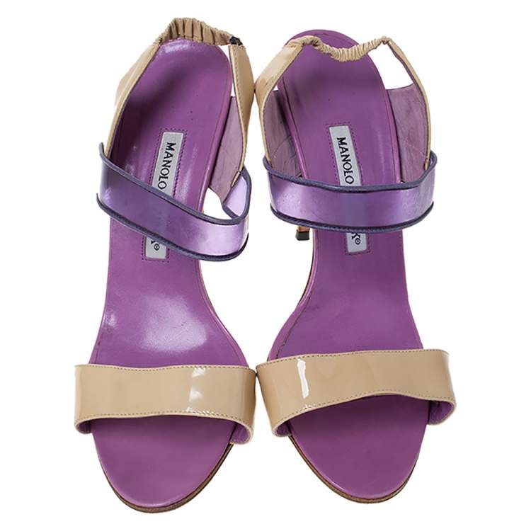 Pre Owned Manolo Blahnik Purple/Beige Patent Leather and PVC Slingback Sandals Size 38.5