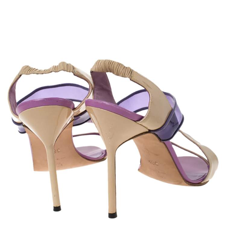 Pre Owned Manolo Blahnik Purple/Beige Patent Leather and PVC Slingback Sandals Size 38.5