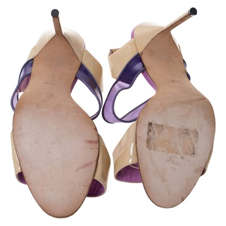 Pre Owned Manolo Blahnik Purple/Beige Patent Leather and PVC Slingback Sandals Size 38.5