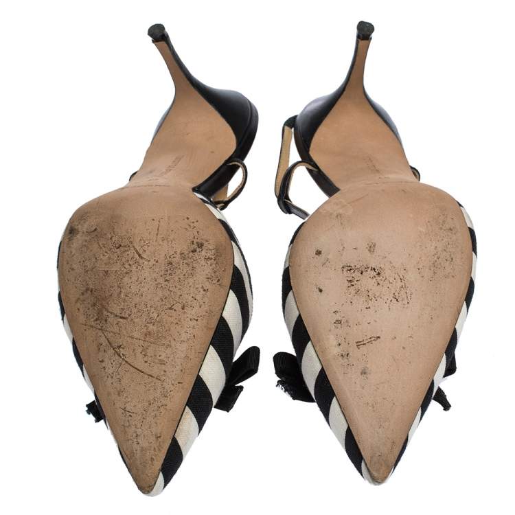 Pre Owned Manolo Blahnik Black/White Stripe Canvas and Leather Galop Halter Sandals Size 41