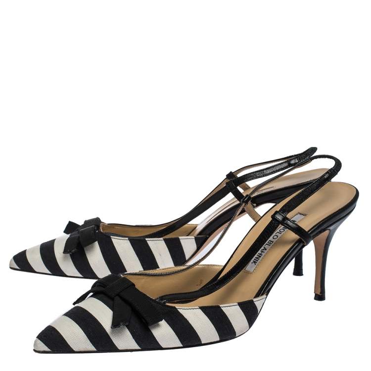 Pre Owned Manolo Blahnik Black/White Stripe Canvas and Leather Galop Halter Sandals Size 41