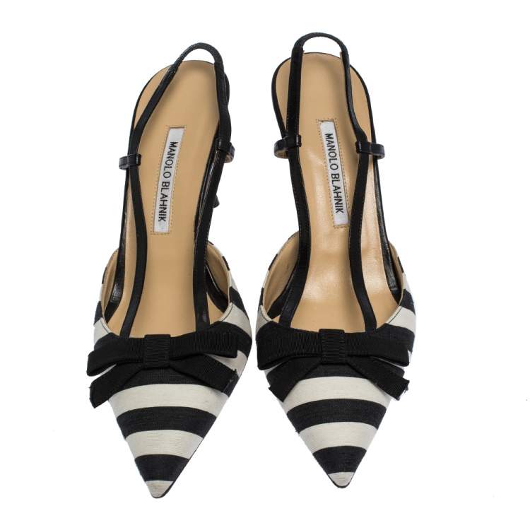 Pre Owned Manolo Blahnik Black/White Stripe Canvas and Leather Galop Halter Sandals Size 41