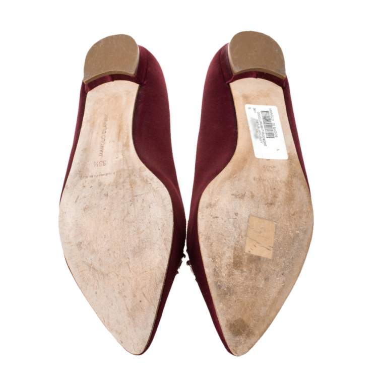 Pre Owned Manolo Blahnik Burgundy Satin Lurum Embellished Ballet Flats Size 38.5