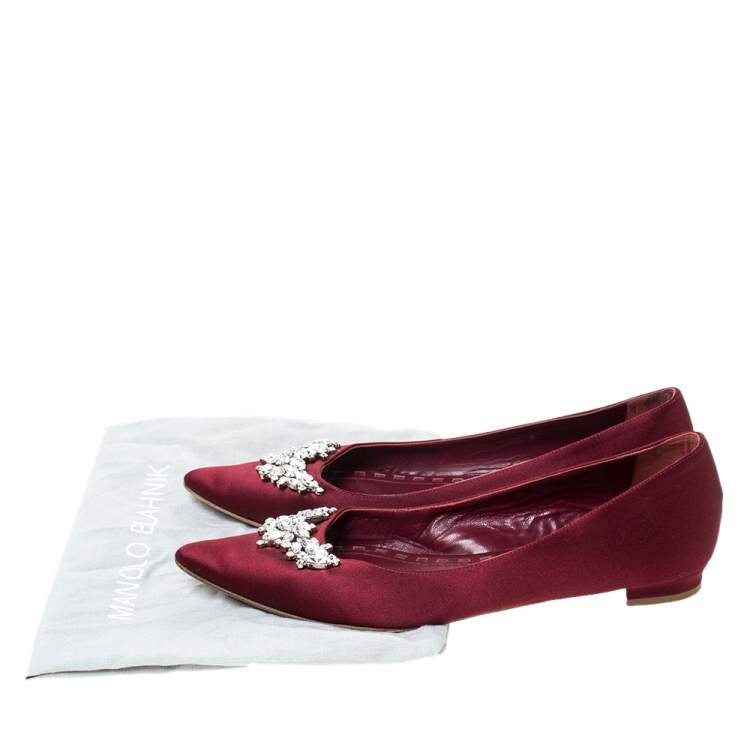 Pre Owned Manolo Blahnik Burgundy Satin Lurum Embellished Ballet Flats Size 38.5
