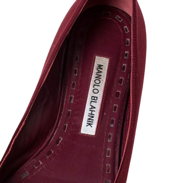 Pre Owned Manolo Blahnik Burgundy Satin Lurum Embellished Ballet Flats Size 38.5