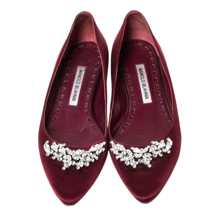 Pre Owned Manolo Blahnik Burgundy Satin Lurum Embellished Ballet Flats Size 38.5