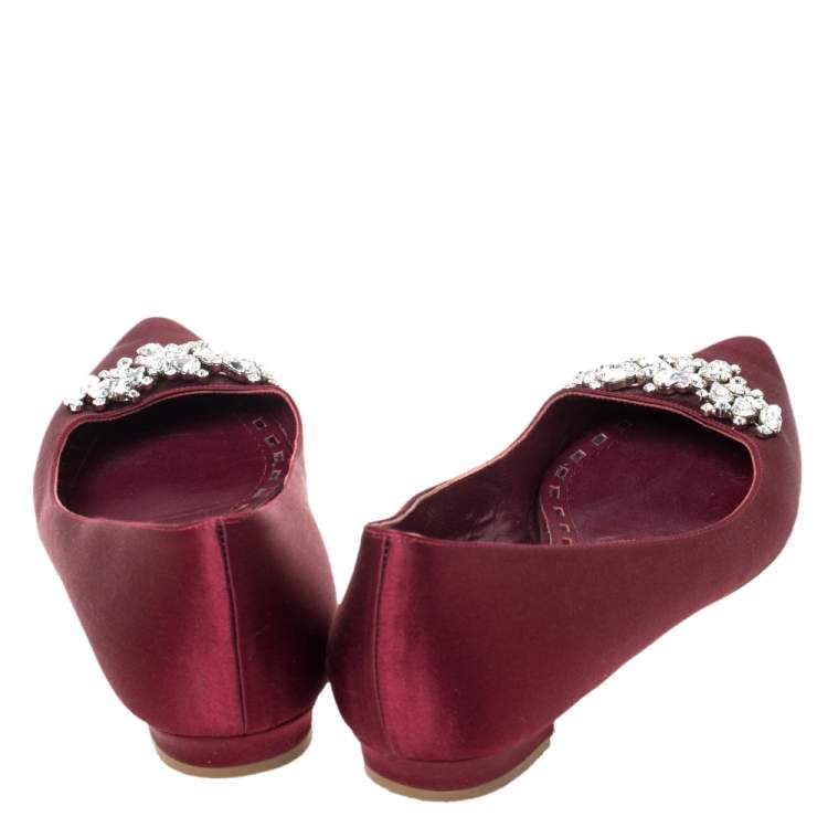 Pre Owned Manolo Blahnik Burgundy Satin Lurum Embellished Ballet Flats Size 38.5