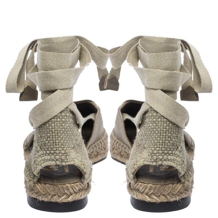 Pre Owned Castaner By Manolo Blahnik Grey Satin And Canvas  Espadrille Pointed Toe Ankle Tie Flat Sandals Size 37