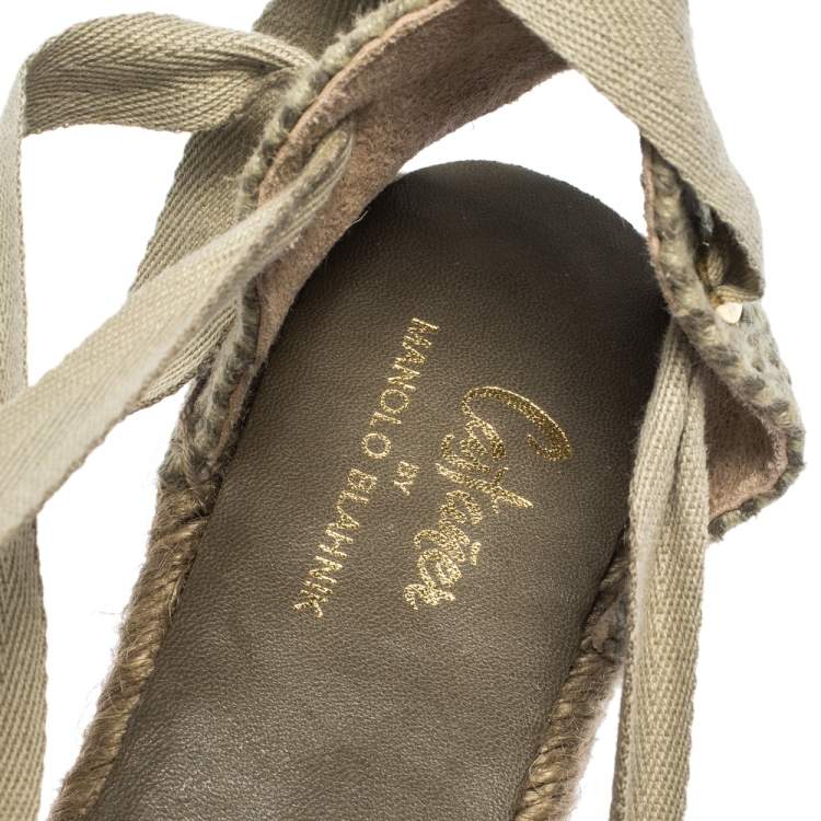 Pre Owned Castaner By Manolo Blahnik Grey Satin And Canvas  Espadrille Pointed Toe Ankle Tie Flat Sandals Size 37
