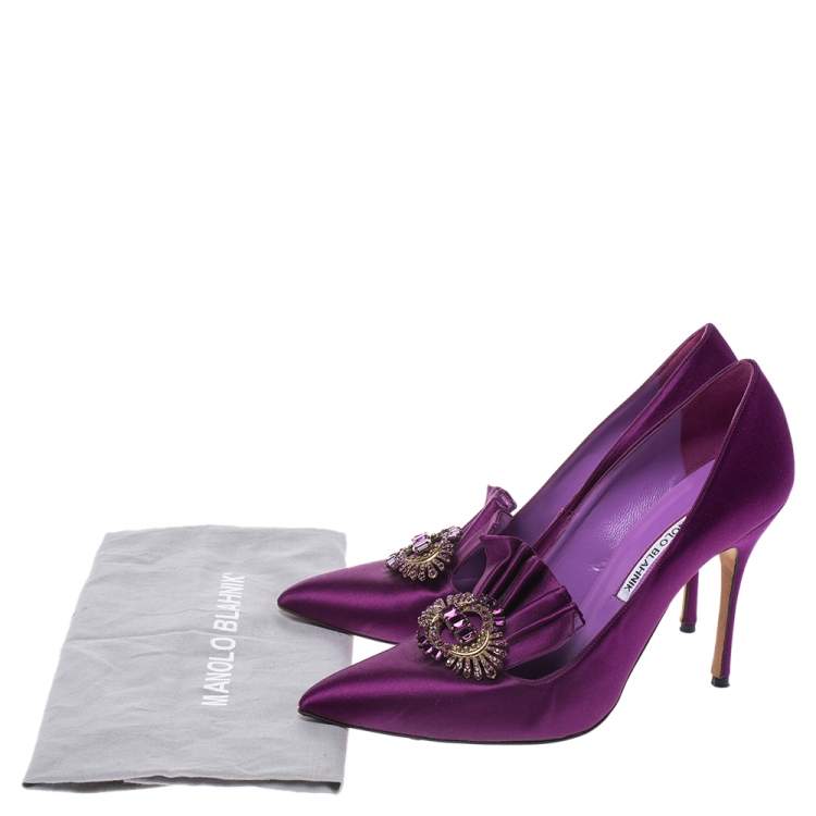 Pre Owned Manolo Blahnik Purple Satin Crystal Embellished Frill Detail Pumps Size 38