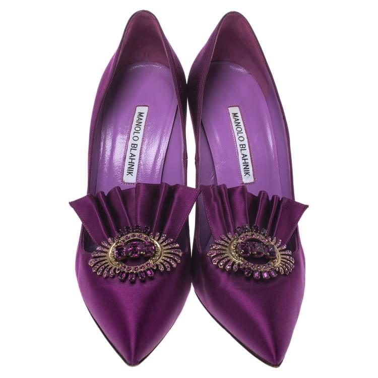 Pre Owned Manolo Blahnik Purple Satin Crystal Embellished Frill Detail Pumps Size 38