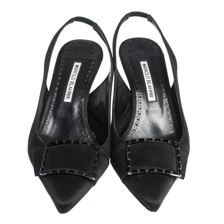 Pre Owned Manolo Blahnik Black Satin Dolores Pointed Toe Slingback Sandals Size 39.5