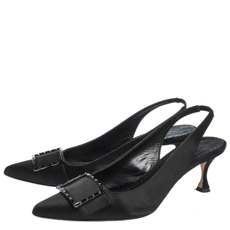 Pre Owned Manolo Blahnik Black Satin Dolores Pointed Toe Slingback Sandals Size 39.5