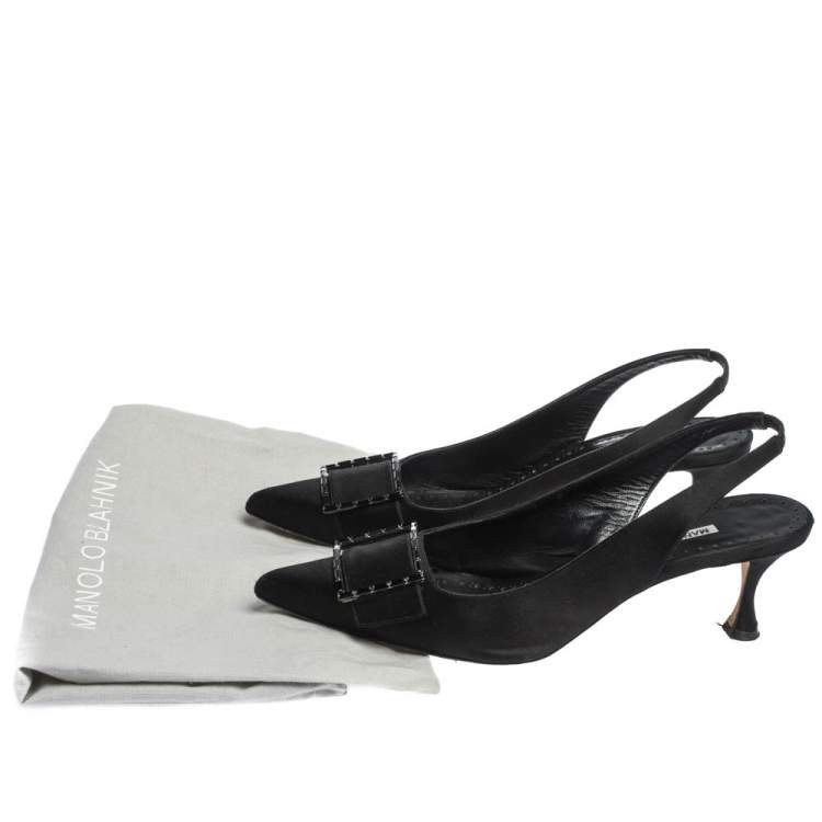 Pre Owned Manolo Blahnik Black Satin Dolores Pointed Toe Slingback Sandals Size 39.5
